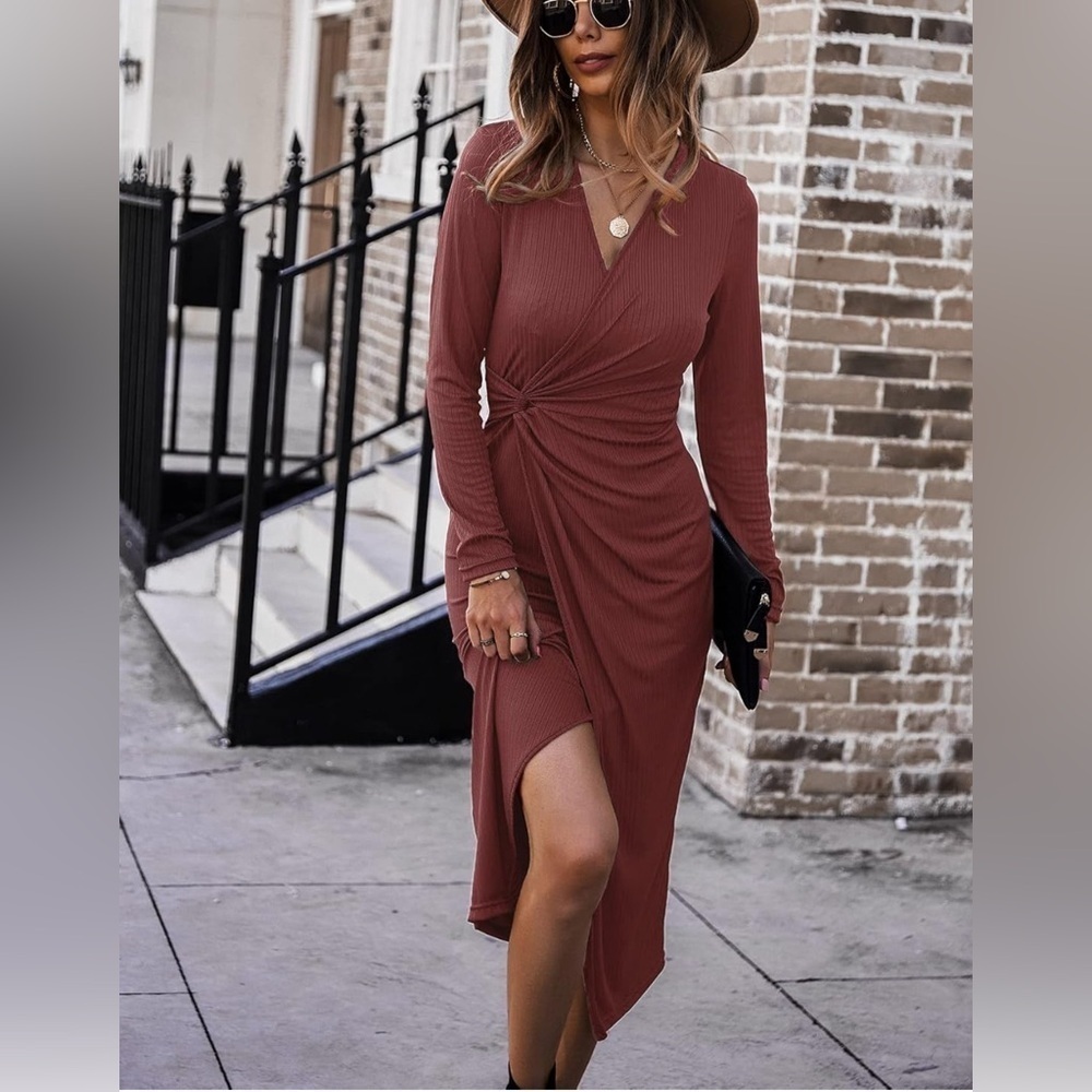 SHIBEVER Casual Dresses for Women V Neck Long Sleeve Front Waist Ribbed